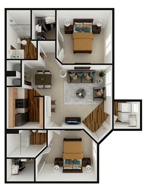 Floor plan for 2 beds, 2 baths, 881 sqft